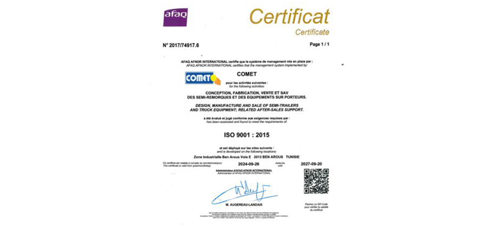 COMET a récemment franchi une étape importante en obtenant la certification ISO 9001 version 2015